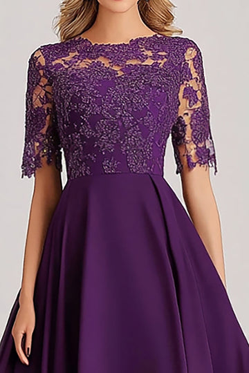 Dentelle Une Ligne Violette Mère de la Mariée Robe À Manches Courtes